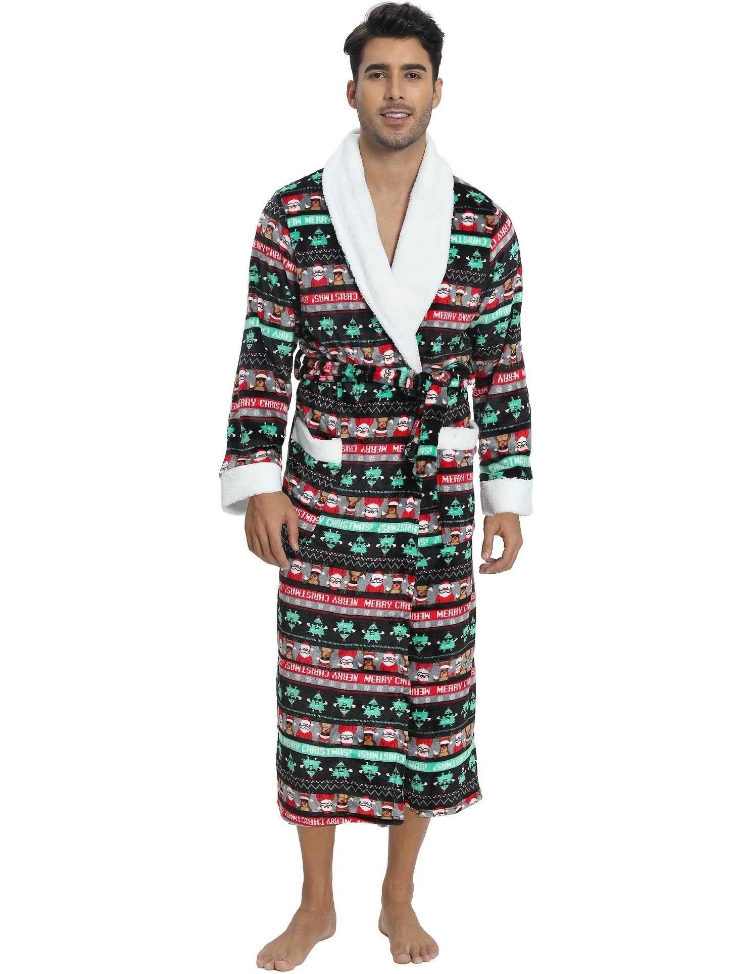 Men's Christmas Gift & Animal Print Flannel Bathrobe, Casual Morning Gown Comfy Home Clothes, Holiday Gift