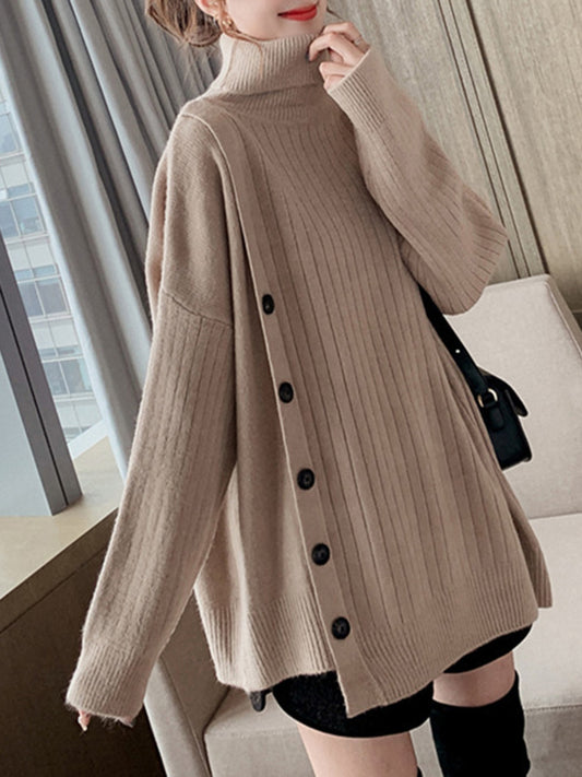 xakxx High-Low Long Sleeves Asymmetric Buttoned High-Neck Knitwear Pullovers Sweater Tops