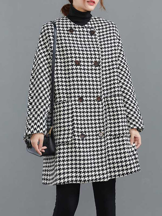 xakxx Loose Houndstooth Buttoned Round-Neck Long Sleeves Woolen Coat