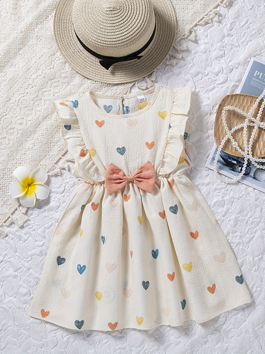 Knee-High Toddler Girls Adorable Peplum Sundress - Cute Heart Pattern, Ruffle Sleeves, Bow Tie Waist, Slight Stretch Polyester Fabric, Perfect for Summer - Easy to Wear and Comfortable