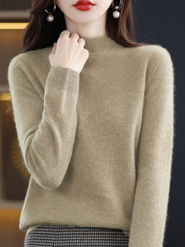 xakxx Office Long Sleeves Solid Color High-Neck Sweater Tops Pullovers