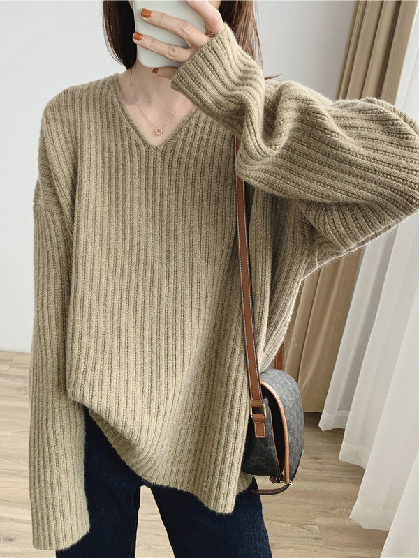 xakxx Casual Long Sleeves Loose Solid Color V-Neck Sweater Tops