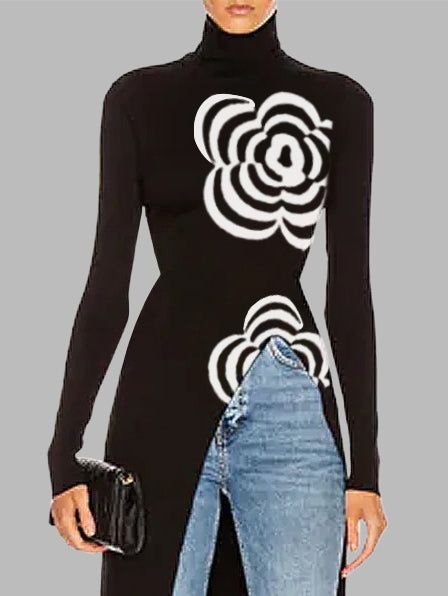 xakxx Long Sleeves Skinny Flower Print Split-front High Neck T-Shirts Tops