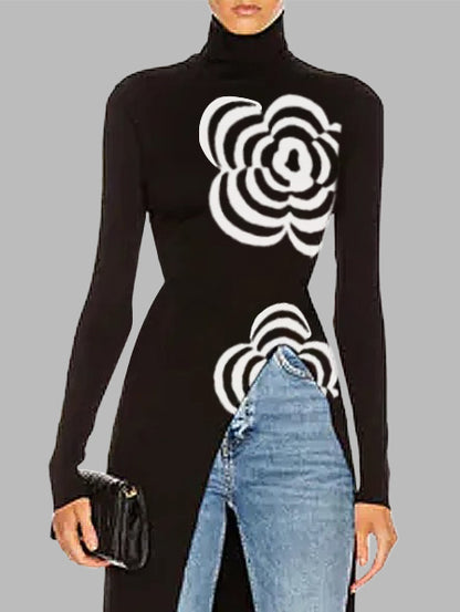 xakxx Long Sleeves Skinny Flower Print Split-front High Neck T-Shirts Tops