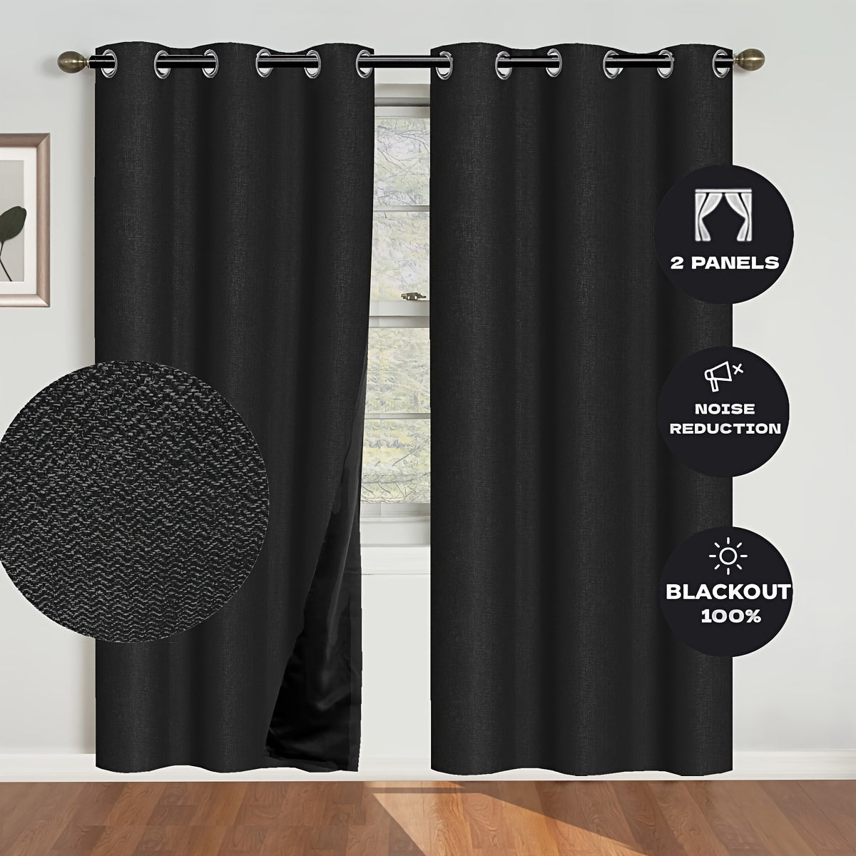 2 Panels Blackout Linen Textured Curtain - Panels with Polyester Coated Insulation, Grommet Top, Bedroom and Living Room Decor, Room Darkening, Energy Saving, and Noise Reducing Functions