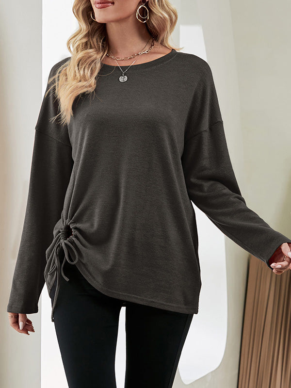 xakxx Long Sleeves Loose Asymmetric Drawstring Hollow Solid Color Round-Neck T-Shirts Tops