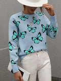 xakxx Original Long Sleeves Loose Butterfly Print Contrast Color Round-Neck Sweater Tops