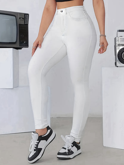 Long Length White Mid-Waist Skinny Jeans - Stretchy Denim, Zipper Fly, Chain Details, Slim Fit, Casual Weekend Wear - Solid Color, No Printing, All-Season Fashion