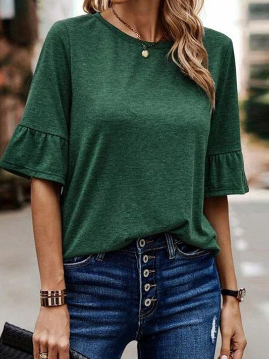 xakxx Ruffle Sleeves Asymmetric Buttoned Solid Color Split-Joint Round-Neck T-Shirts Tops