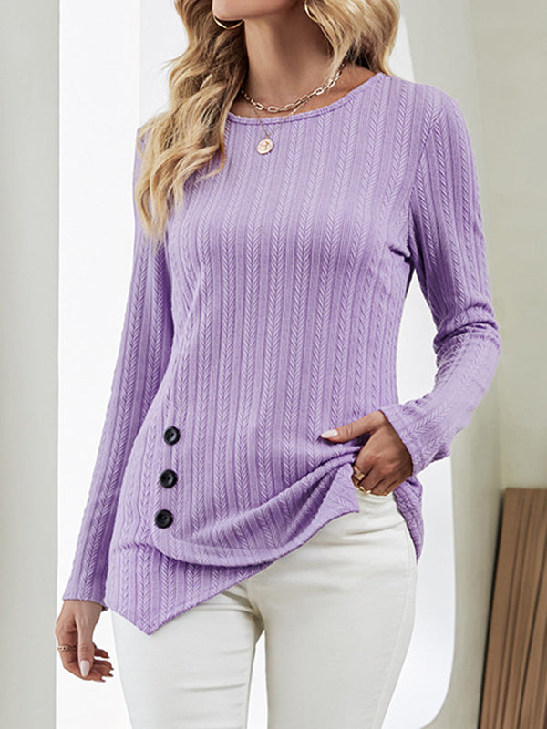 xakxx Long Sleeves Loose Asymmetric Buttoned Round-Neck T-Shirts Tops