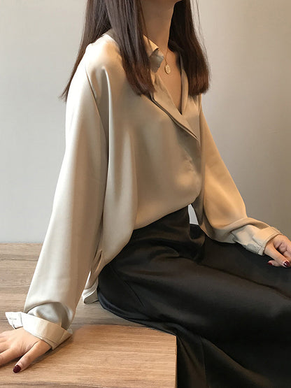 xakxx Satin V-Neck Loose Solid Color High-Low Long Sleeve Shirts