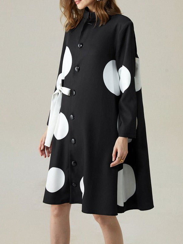 xakxx Long Sleeves Loose Asymmetric Buttoned Polka-Dot Tied Mock Neck Jackets&Coats Midi Dresses Outerwear