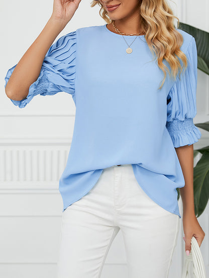 xakxx Loose Puff Sleeves Pleated Solid Color Round-Neck T-Shirts Tops