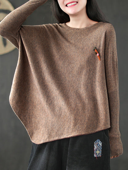 xakxx Simple Loose Long Sleeves Solid Color Round-Neck Sweater Tops