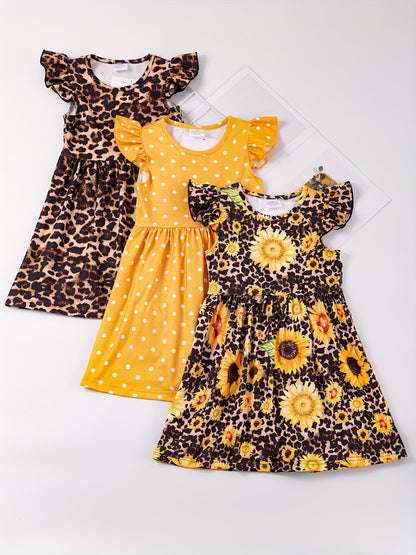 3pcs/set Toddler Girls Ruffled Sleeves Round Neck Polka Dot Leopard And Sunflower Graphic Princess Dress For Party Kids Summer Clothes