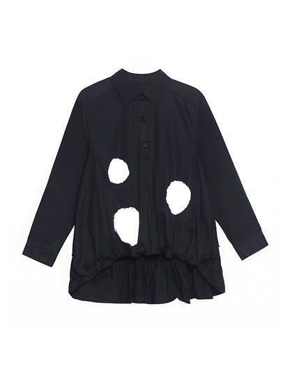 xakxx Simple High-Low Black White Polk Dot Printed Blouse