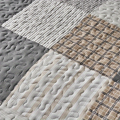 3-Piece Double Bedspread Set - Reversible, Ultra-Lightweight, Super-Soft, Quilted Checkered Patchwork Plaid Design - Complete Set with 2 Pillowcases, No Filling, Suitable for All Seasons