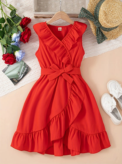 Brief Sleeveless V-Neck Ruffle Trim Dress for Teen Girls - Belted, Fitted, Loose Silhouette, Polyester Fabric, Summer Party Wear - Elegant and Dressy