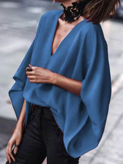 xakxx Loose Batwing Sleeves Solid Color V-Neck Blouses&Shirts Tops