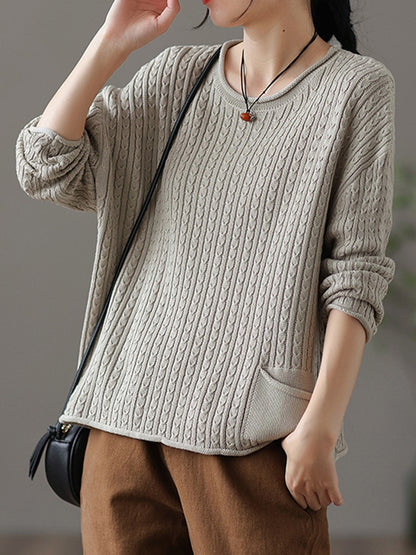 xakxx Artistic Retro Loose Long Sleeves Jacquard Solid Color Round-Neck Sweater Tops