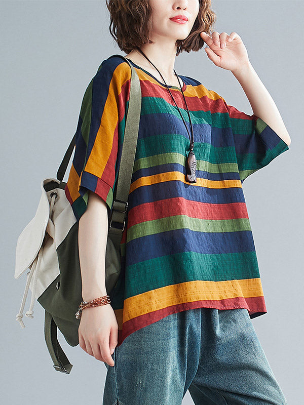 xakxx Rainbow Stripe Batwing Sleeves T-Shirts Tops