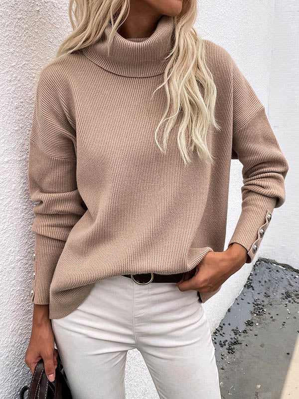 xakxx Casual Loose Solid Color High-Neck Long Sleeves Knitwear