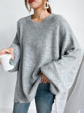 xakxx Stretch Mohair-Blend Balloon Sleeves Loose Solid Round-Neck Sweater Tops