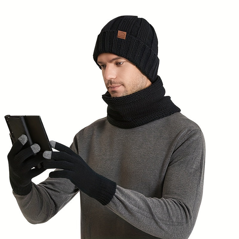 1 Set Unisex Winter Accessories Bundle - Soft Brimless Knitted Hat with Adjustable Rolled Cuff, Warm Scarf, and Full Finger Gloves for Cold Weather Daily Wear - Perfect for Outdoor Activities and Casual Styling