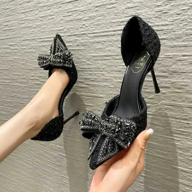 Dress Shoes Luxury Pearl Crystal Bowtie White Wedding Shoes Women  Spring Brand Designer High Heels Pumps Woman Thin Heeled Party ShoesL464