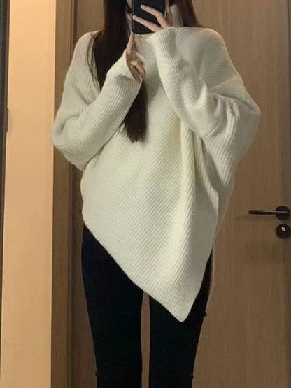 xakxx Long Sleeves Loose Asymmetric Solid Color Velvet High Neck Knitwear Pullovers Sweater Tops