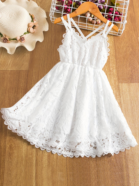 Girls Chic Slingback Lace Suspender Dress - Backless, Non-Stretch Polycotton Fabric, Solid Color, Regular Fit, Perfect for Summer Daily Fashion and Party Princess Occasions