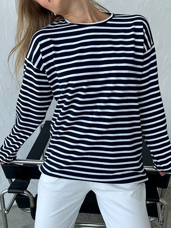 xakxx Long Sleeves Loose Striped Round-Neck T-Shirts Tops