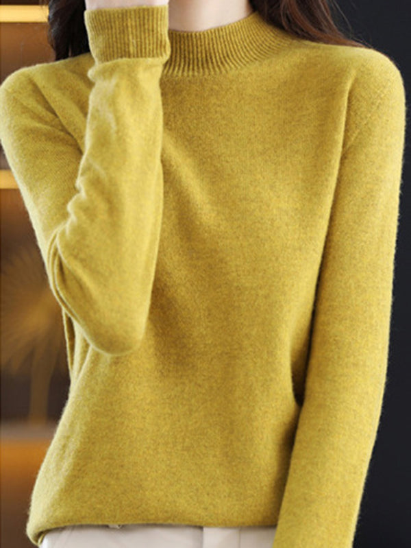 xakxx Office Long Sleeves Solid Color High-Neck Sweater Tops Pullovers