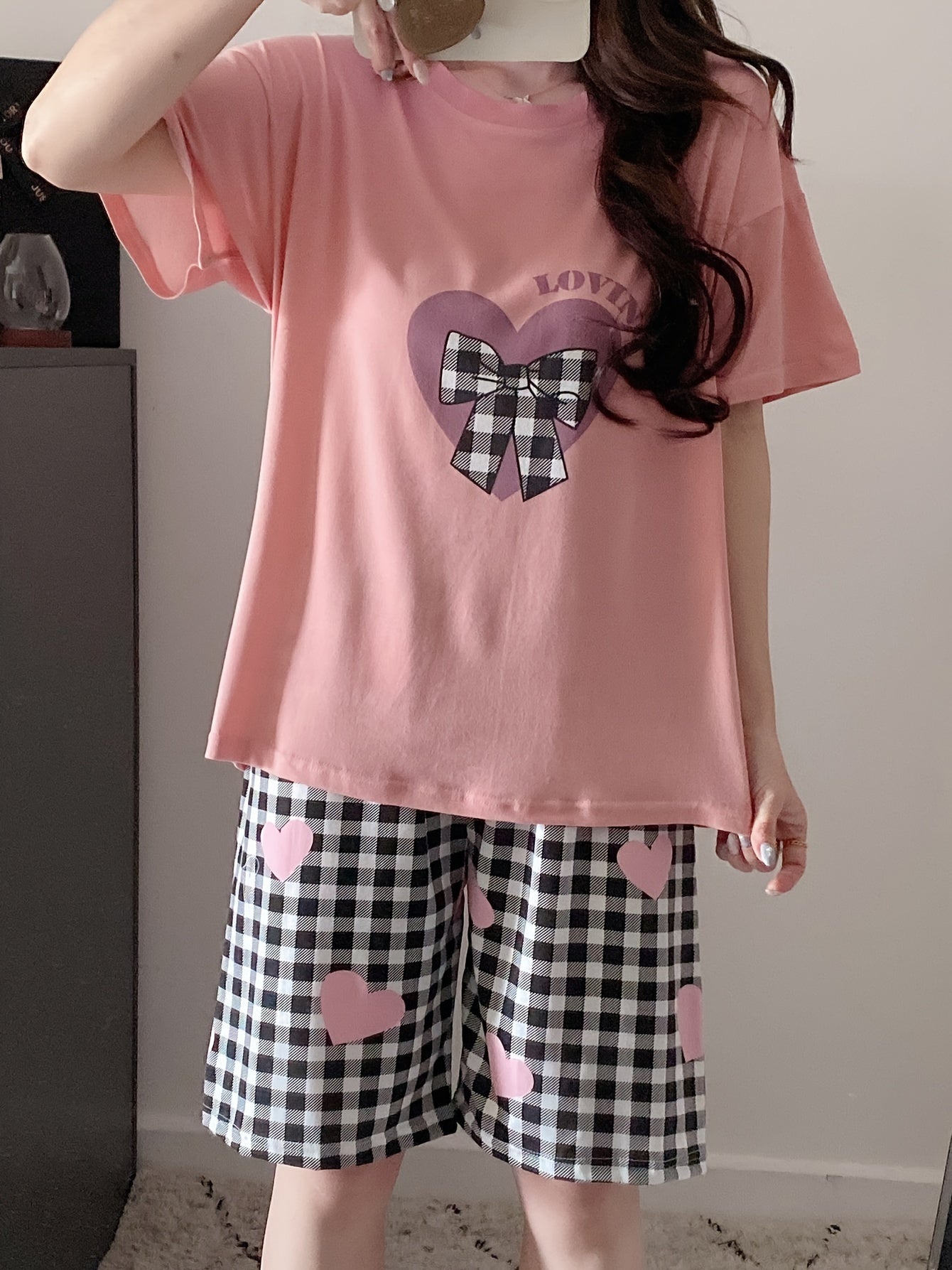 Womens Pajama Set - Adorable Heart & Plaid Bow & Letter Print, Ultra-Casual Loose Fit, Short Sleeve Round Neck Top & Shorts, Comfortable Relaxed Fit for a Restful Sleep - Complete Set for a Coordinated Look