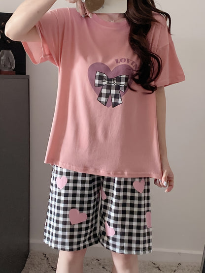 Womens Pajama Set - Adorable Heart & Plaid Bow & Letter Print, Ultra-Casual Loose Fit, Short Sleeve Round Neck Top & Shorts, Comfortable Relaxed Fit for a Restful Sleep - Complete Set for a Coordinated Look