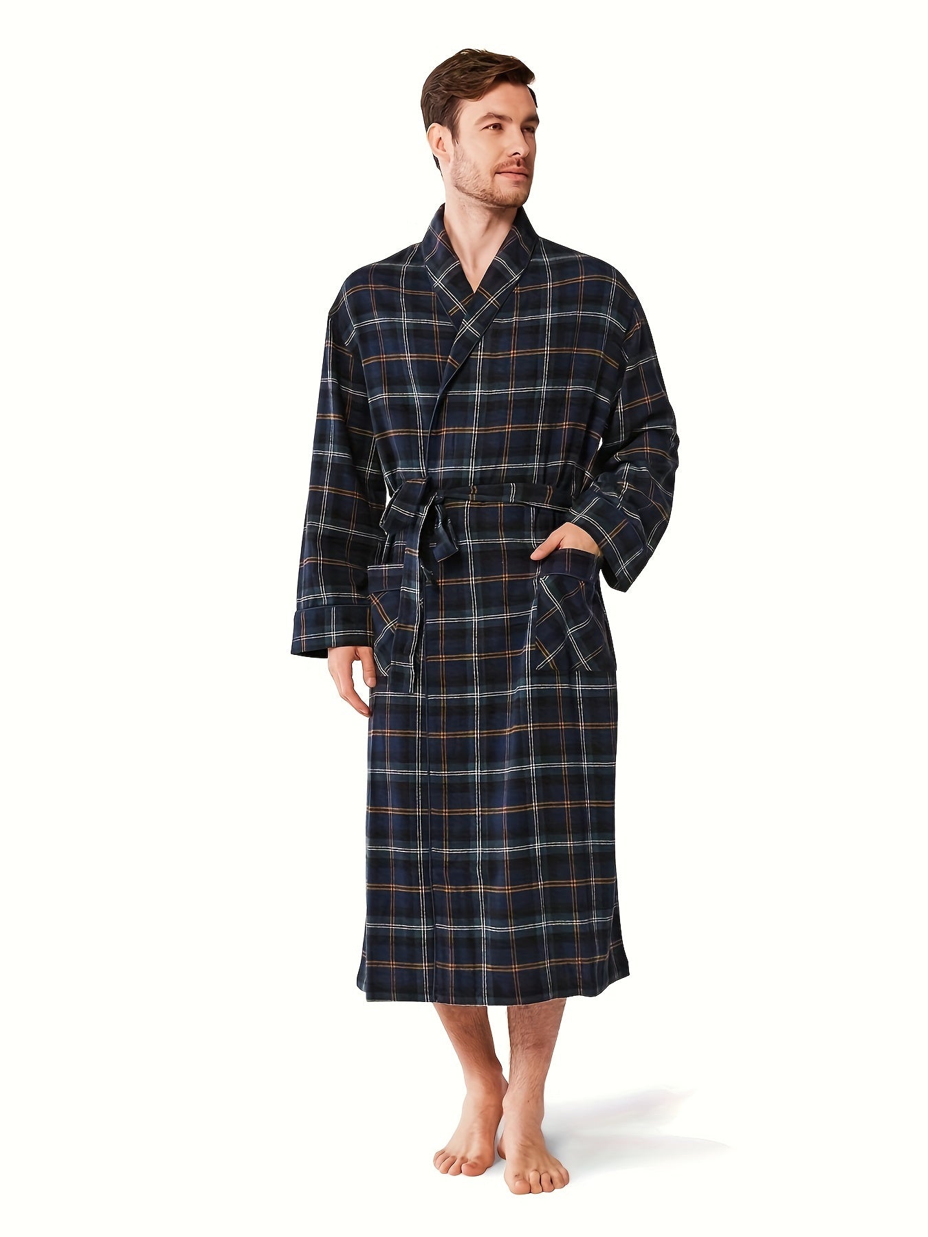 SIORO Mens Robe Flannel Cotton Plaid Bathrobe Soft Shawl Collar Loungewear