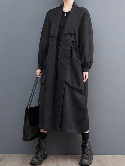 xakxx Long Sleeves Loose Drawstring Pockets Lapel Trench Coats