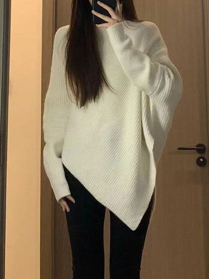 xakxx Long Sleeves Loose Asymmetric Solid Color Velvet High Neck Knitwear Pullovers Sweater Tops