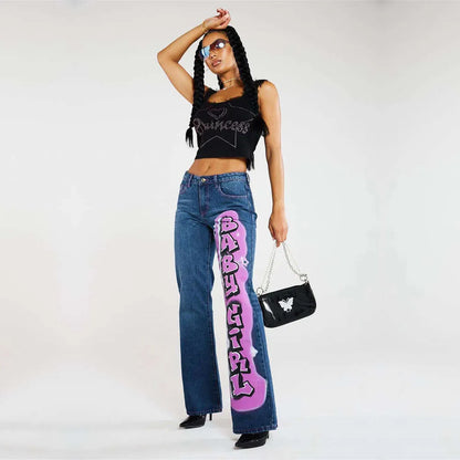 New Personalized Street Letter Print Mid Waist Casual Straight Leg Jeans