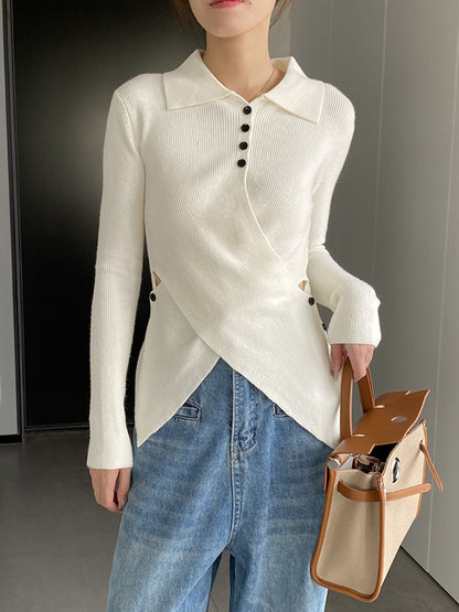 xakxx Long Sleeves Skinny Asymmetric Buttoned Hollow Lapel Knitwear Pullovers Sweater