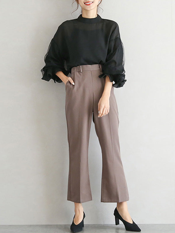 xakxx Simple Solid Color Puff Sleeve Mesh Splicing Chiffon Shirt