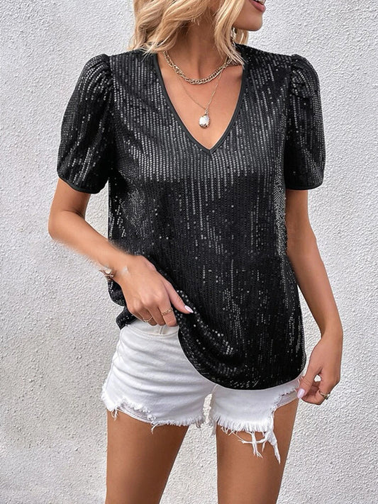 xakxx Loose Short Sleeves Sequined Shiny Split-Joint V-Neck T-Shirts