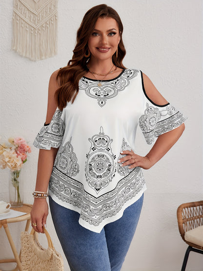 Plus Size Tribal Print Cold Shoulder Crew Neck Blouse - Elegant Hanky Hem, Non-Stretch Polyester, Woven, Positioning Printing, Summer Essential for Middle Eastern Inspired Fashion - Womens Plus Size Clothing for Spring and Summer