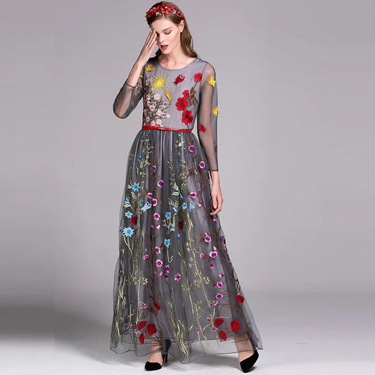 Women's O Neck 3/4 Sleeves Floral Embroidery Layered Elegant Party Prom Long Runway Dresses