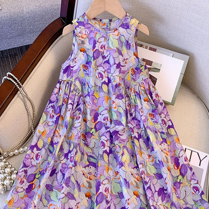 Lively Purple Floral Girls Swing Dress - Soft Cotton, Sleeveless Design for Summer Adventures - Perfect Outdoor Vacation Wear