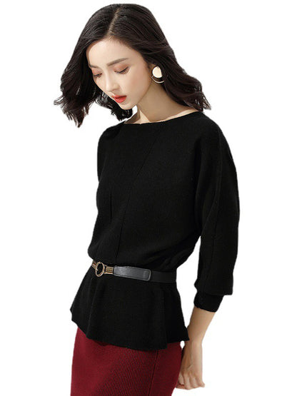 xakxx Casual Long Sleeves Solid Color Boat Neck Tunic Sweater Tops