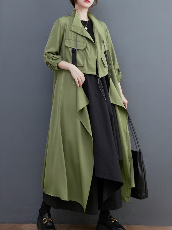 xakxx Loose Long Sleeves Drawstring Split-Joint Lapel Trench Coats