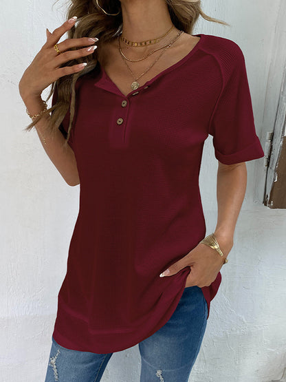 xakxx Loose Short Sleeves Buttoned Solid Color Split-Joint V-Neck T-Shirts Tops