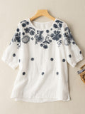 xakxx Vintage Embroidered Round-Neck Short Sleeves Shirts