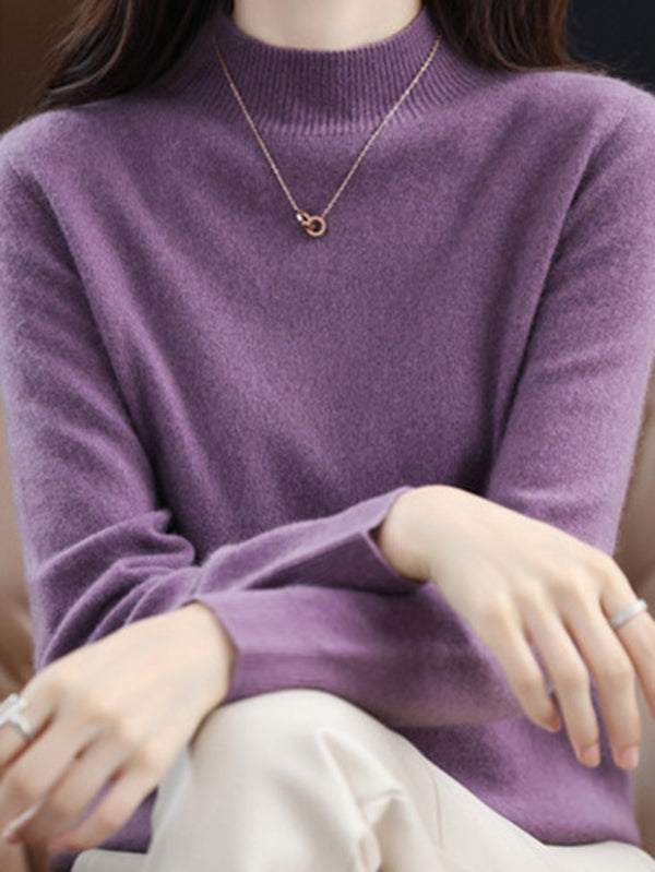 xakxx Office Long Sleeves Solid Color High-Neck Sweater Tops Pullovers